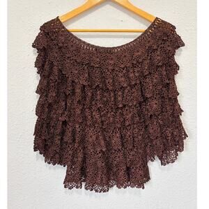 Vintage Silk Knit Boho Blouse Off Shoulder Brown Crochet Floral Tiered Top